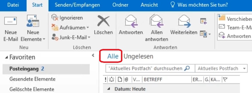 Posteingang, alle Mails werden angezeigt
