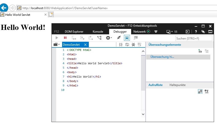 Abbildung: Darstellung der vom Servlet generierten HTML-Seite, mit Quelltext